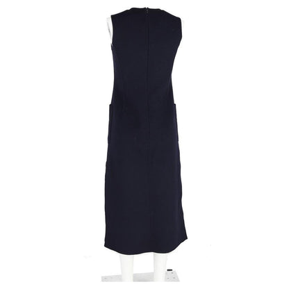 Side Slit Midi Dress with Pockets in Navy Blue Wool