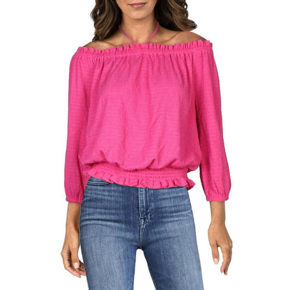 Womens Smocked Halter-Tie Cropped