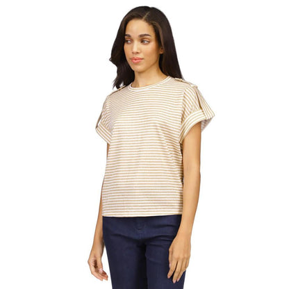 Women's Metallic-Stripe Epaulette Short-Sleeve Top